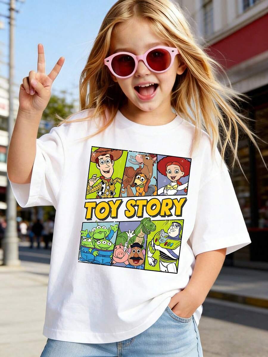 Disney Toy Story Woody, Buzz Lightyear Comic Style T-Shirt Print Pattern Summer Tops,Short-Sleeved Casual And Cute Style Children's Clothing Design, Girl Clothes For Kids ,Ropa Para Niños,Girl Clothes For Kids,Graphic Tee, Summer Clothes,Perfect For Cool Girls. Comfortable And Breathable Children's Short-Sleeved T-Shirt. Comfortable And Casual Wear All Year Round 180g Pure Cotton Children's Clothes,Comfortable & Lightweight, Iconic Print For Mix-And-Match Outfits,Suitable For Both Boys And Girls. - White - View 1
