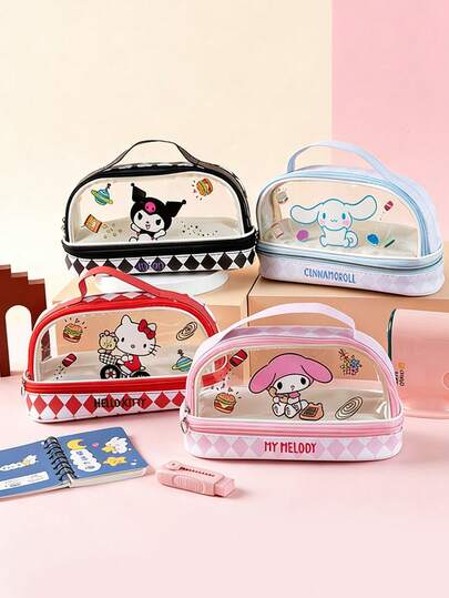 SANRIO 双层透明铅笔盒 - 大容量可爱卡通手柄文具包，学生适用