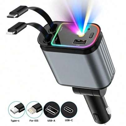 Chargeur de voiture rétractable 4-en-1 avec design de dôme étoilé, prend en charge la charge rapide 66W, avec effet d'éclairage ambiant et lumière de dôme étoilé rouge, équipé de 2 ports USB, prise réglable à 180° et câble rétractable intégré de 80 cm Type-C/iOS, convient pour divers téléphones iOS/Android, accessoire automobile essentiel et excellent choix de cadeau