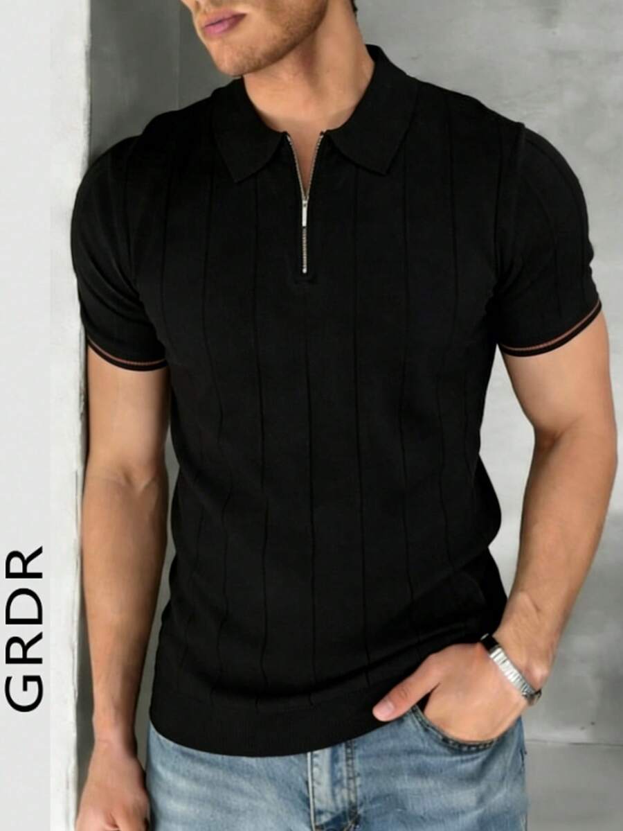 GRDR Camiseta de manga corta con cuello de cremallera y costillas verticales para hombre - Uso diario casual - Negro - Ver 1