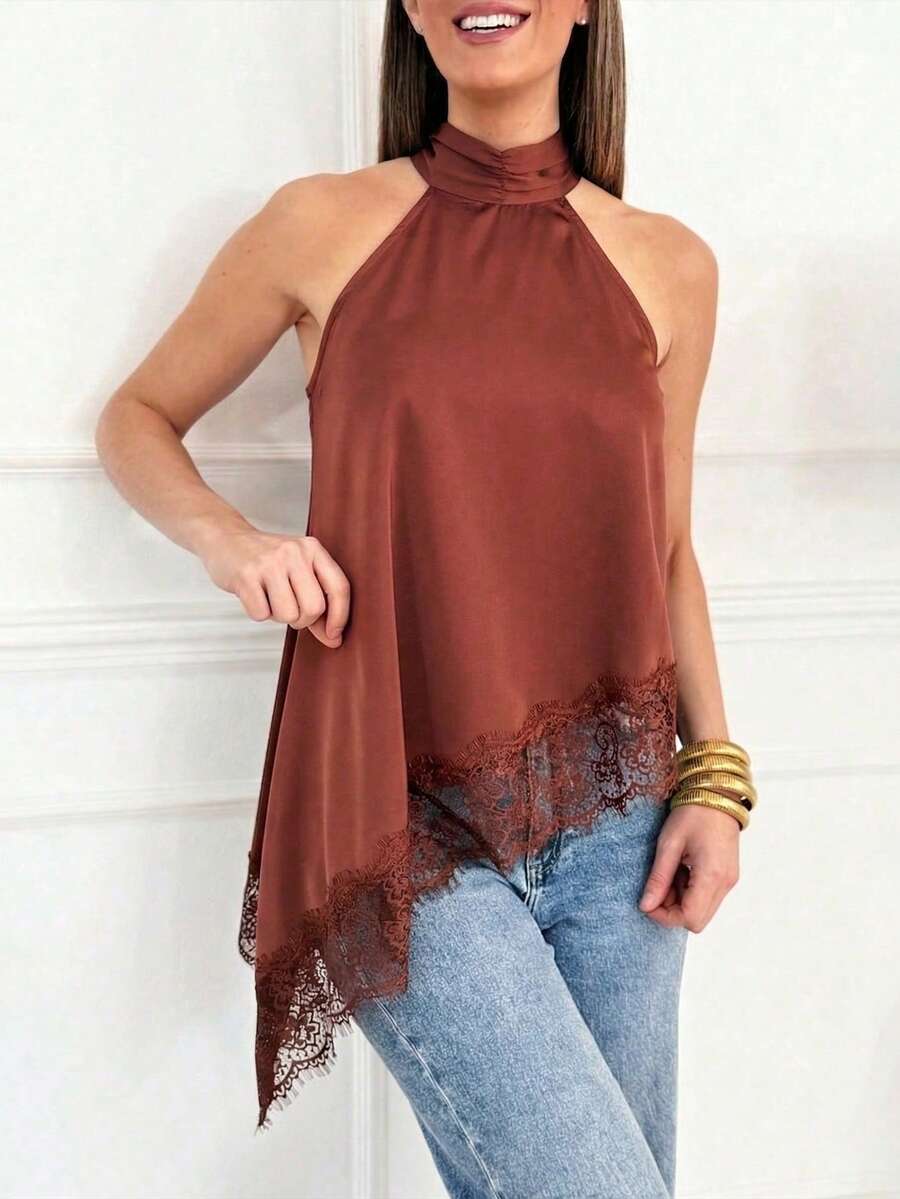 Women's Sleeveless High Collar Lace Trim Asymmetric Satin Camisole Top, Elegant For Evening Party, Spring/Summer Vacation, Special Occasions - Rust Brown - View 1