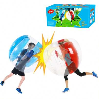 2 piezas Juego de bolas de choque inflables - Bola protectora transparente de 60 cm, adecuada para fútbol de burbuja al aire libre para adolescentes, juego de fiesta azul y rojo, con material acolchado
