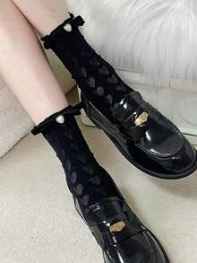 Japanese-Style JK Velvet Bow Lace Trim Mid-Calf Socks Lolita Cream White Calf Socks Mary Jane Women's Thin Style - 藍色 - 查看 1