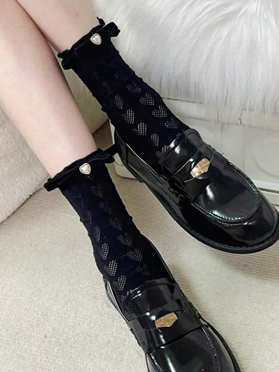 Japanese-Style JK Velvet Bow Lace Trim Mid-Calf Socks Lolita Cream White Calf Socks Mary Jane Women's Thin Style - 藍色 - 查看 1