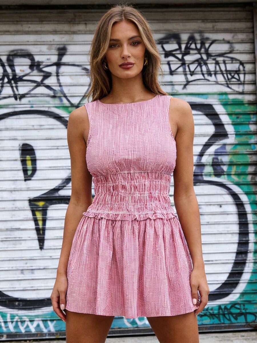 Vestido mini de verano para mujer, sin mangas, con estampado de rayas y cuello barco, ajustado a la cintura - Rojo - Ver 1