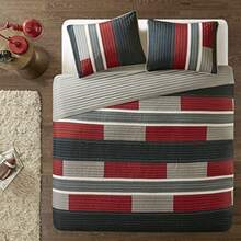 CS14-0864 3 Piece Quilt Coverlet Bedspread All Season Lightweight Hypoallergenic Pipeline Colorblock Bedding Set Full/Queen Pierre Black/Red Stripe - Negro/Rojo - Ver 4