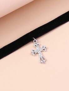 1 pieza Collar de cinta negra estilo gótico con colgante de cruz de rhinestone, adecuado para uso diario - Plateado - Ver 5