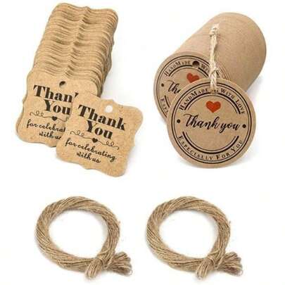 200PCS Brown Kraft Thank You Gift Tags With Twine, DIY Clear Ink Wrap Tags Card, Wedding Party Decoration Hanging Paper Tags Set (Brown)