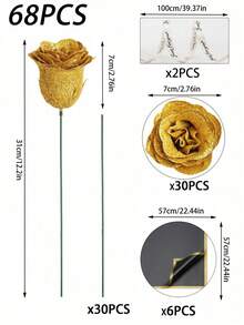 68/45/23 闪亮金玫瑰花束，DIY 闪光玫瑰花束，人造玫瑰花束，适合情人节、房间装饰、仿真花、玫瑰花束配白色满天星、假花、新娘捧花、订婚派对、婴儿派对装饰 - 金色 - 查看 13