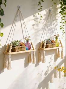 1/2件套编织挂架，浅色木绳壁挂式收纳架，波西米亚风植物吊篮，适用于室内客厅卧室，现代波西米亚风悬挂式收纳架，多功能编织壁挂架，简约优雅悬挂式收纳架，时尚家居装饰展示架，适用于浴室、厨房、卧室或客厅墙面 - 彩色 - 查看 11