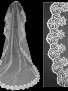 Lace Trim Floral Print Mesh Material New Wedding Veil Accessory, With Long Cathedral Train, Soft Tulle Fabric, Bridal Wedding Headpiece - White - View 7