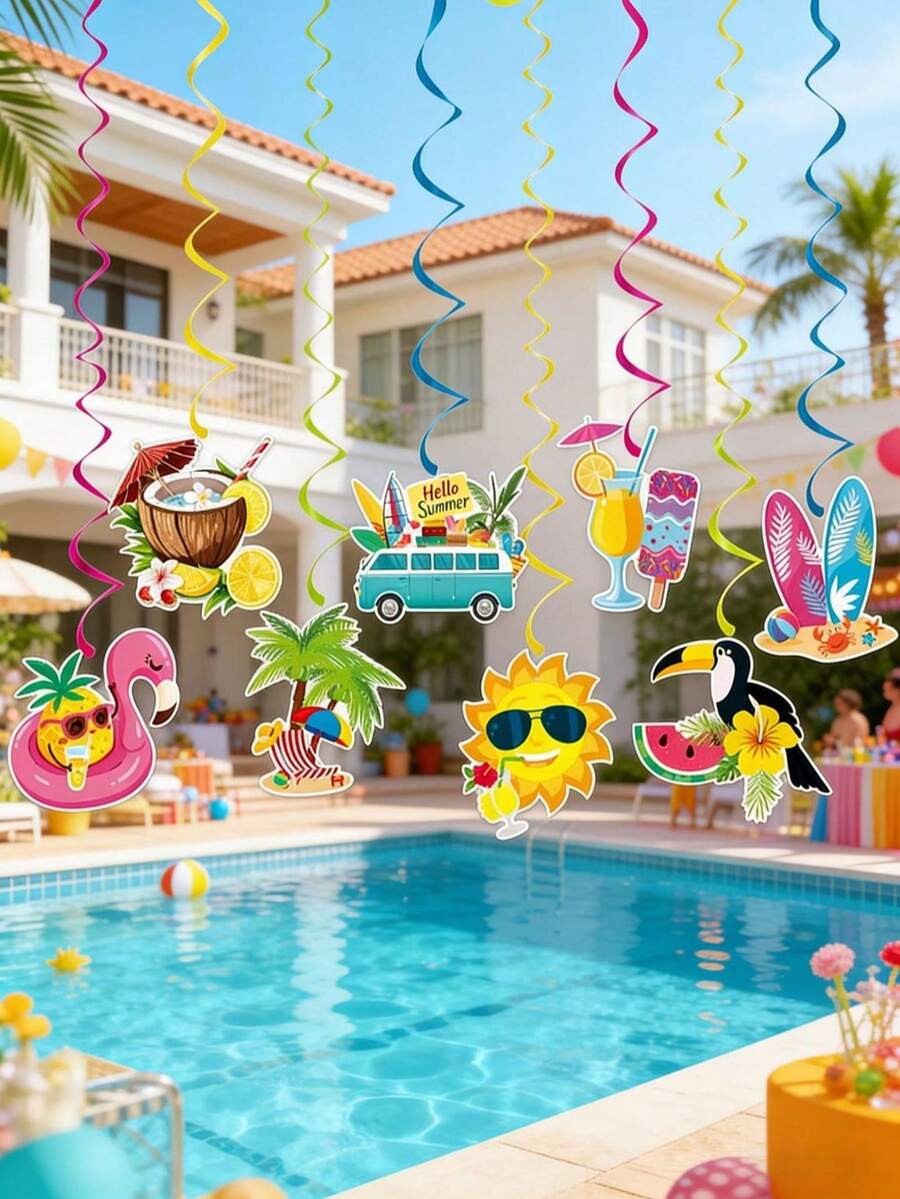 16pcs/1set Hawaiian Luau Birthday Party Hanging Swirl Decor,Summer Beach Party Hanging Decor,Hawaiian Party Decor,Tropical Palm Flamingo Hanging Swirls Streamers Beach Theme Decorations For Summer Birthday Wedding Hawaii Theme Party Supply. - A - View 1