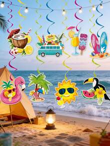 16pcs/1set Hawaiian Luau Birthday Party Hanging Swirl Decor,Summer Beach Party Hanging Decor,Hawaiian Party Decor,Tropical Palm Flamingo Hanging Swirls Streamers Beach Theme Decorations For Summer Birthday Wedding Hawaii Theme Party Supply. - A - View 3