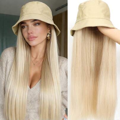 24 Inch Golden Long Straight Wig With Integrated Bucket Hat, Heat Resistant Wig, Suitable For Daily Wear