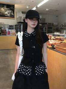 Black & Polka Dot Puff Collar Short Sleeve T-Shirt, Fitted Design, Versatile Summer Top For Women - Black - View 1