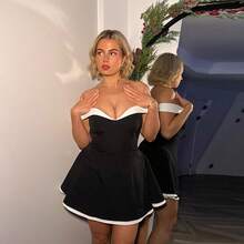 Women's Elegant Chic Off Shoulder Contrast Color Fitted Mini Dress, Spring/Summer Black - Black - View 7