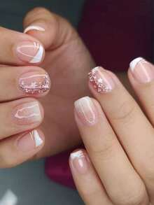 24片短方形亚克力美甲贴片，法式渐变设计，按压式美甲，闪亮星形图案，包含1片果冻胶和1个指甲锉，适合派对、活动和日常佩戴。适合女性和女孩。包含美甲工具。可塑形美甲套装 - 彩色 - 查看 1