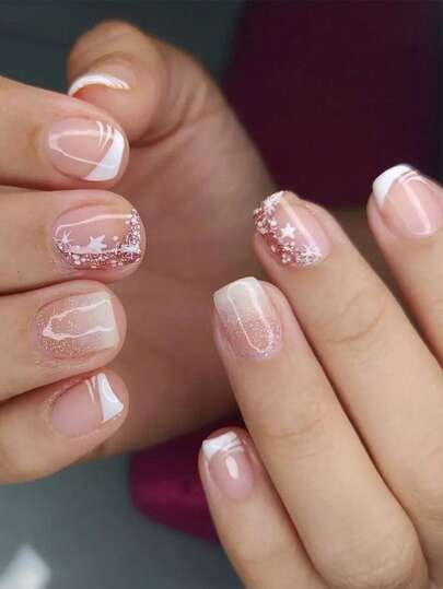 24 Pieces Of Short Square Acrylic Nail Art Patches French Gradient Design Push-On Nails Glitter Star Pattern Fake Nails, Including 1 Piece Of Jelly Glue And 1 Nail File, Suitable For Parties, Events, Daily Wear. Suitable For Women And Girls. Includes Nail Art Tools. Shapeable Nail Art Set