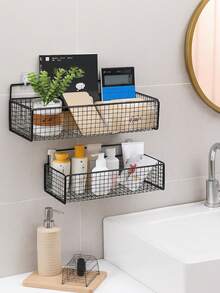1/2pcs Adhesive Shower Caddy, No Drill Bathroom Storage Rack, Wall Mounted Organizer Basket, Iron Wire Mesh Vanity Holder - Multicolor - View 6