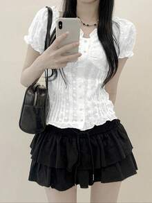 YCYC 韓式花卉紋理女款鈕扣短袖休閒襯衫 白色 夏季 - 白色 - 查看 2