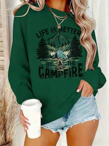 WomensCampGraphicSweaterLifeIsBetterByTheCampfireMountainAndPineTreeDesignWarmCrewNeckSweaterForAutumnWinterMediumElasticityCasualSweaterMachineWashab - 綠色 - 查看 2