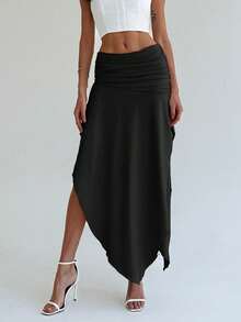 Falda midi mujer estilo elegante, corte asimétrico, versátil, nueva colección primavera-verano - Negro - Ver 1