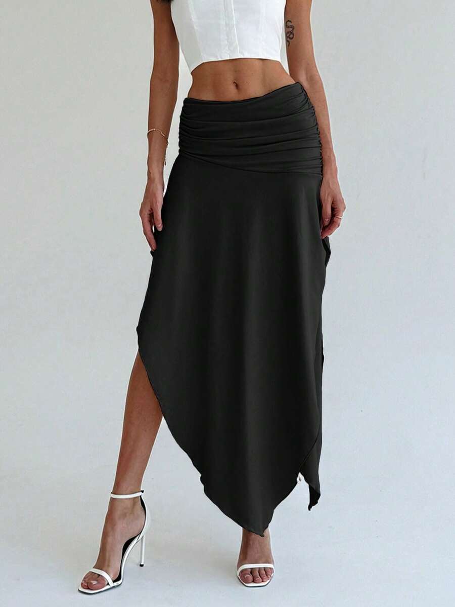 Falda midi mujer estilo elegante, corte asimétrico, versátil, nueva colección primavera-verano - Negro - Ver 1