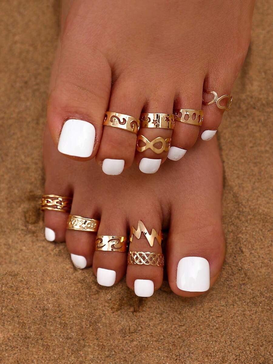 Bộ 10 chiếc nhẫn hở ngón chân hình sao và trăng, trang sức chân hình số 8 rỗng hình học có thể điều chỉnh kích thước, thích hợp cho bãi biển. - Vàng - Xem 1