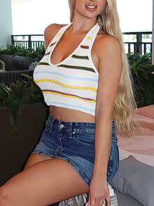 1pc Contrast Stripe Knit Ribbed Halter Neck Sweater Vest, Suitable For Beach, Evening Date, Vacation, Everyday Wear, Spring/Summer - Multicolor - View 3