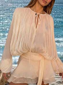 Vestido de camisa con cuello de volantes con lazo, de doble capa con mangas farol, estilo gótico sexy para damas, para Navidad, primavera y bodas (no incluye cinturón) - Rosa naranja - Ver 9