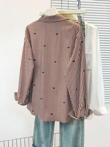 女士领结条纹印花长袖衬衫，纽扣前襟，衬衫领，休闲上衣，适合春、秋、冬季穿着。 - 咖啡棕 - 查看 5