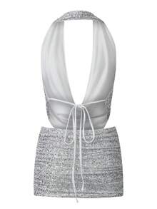 Women Sequin 2 Piece Outfit Sparkly Bodycon Sleeveless Halter Crop Top Split Mini Skirt Set Going Out Club Suit - Silver - View 4