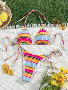 Bộ đồ bơi hai mảnh gợi cảm, tối giản, thanh lịch dành cho nữ, kiểu cổ yếm buộc dây, họa tiết sọc toàn thân, thích hợp cho kỳ nghỉ biển, hàng mới về mùa xuân/hè. - Nhiều màu - Xem 6