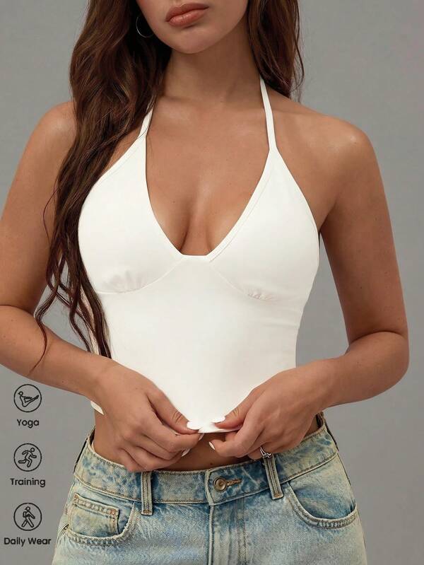 Nuevo estilo de verano Leadlive Chaleco de halter, Blusas de mujer, Chaleco blanco, Chaleco deportivo de mujer, Casual, Sexy espalda descubierta, Ajuste ceñido, Top corto, Deportes, Yoga, Entrenamiento, Uso diario