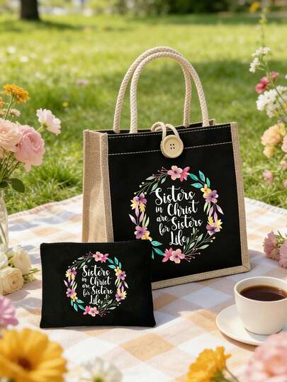 Sisters In Christ Are Sisters For Life Wreath Floral, Buckled Handbag Set, Large Capacity Women's Travel Makeup Bag, Multi-Color Handbag Shopping Bag, Diy Storage Bag, Girls' Gift, Lightweight Foldable Storage Bag, Suitable For Personal Travel Makeup Storage, Travel Bag Makeup Bag, Birthday, Travel Makeup Tool Gift, Birthday Gift, Travel Essentials Dormitory Essentials, Meet Daily Travel Needs, Mother's Day, Teacher's Day, School Season, Summer Party