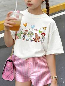 Disney Toy Story Woody And Buzz Lightyear Pull Mickey's Head Balloon With Lively And Fresh Colors Print Pattern Summer Tops,Short-Sleeved Casual And Cute Style  Children's Clothing Design, Girl Clothes For Kids ,Ropa Para Niños,Girl Clothes For Kids,Graphic Tee, Summer Clothes,Perfect For Cool Girls. Comfortable And Breathable Children's Short-Sleeved T-Shirt. Comfortable And Casual Wear All Year Round 180g Pure Cotton Children's Clothes,Comfortable & Lightweight, Iconic Print For Mix-And-Match Outfits,Suitable For Both Boys And Girls. - White - View 2