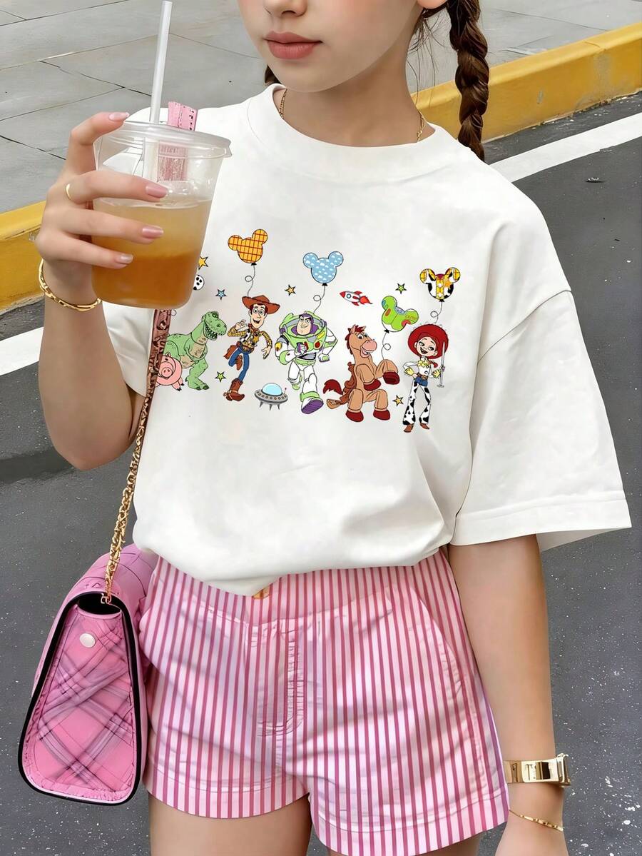 Disney Toy Story Woody And Buzz Lightyear Pull Mickey's Head Balloon With Lively And Fresh Colors Print Pattern Summer Tops,Short-Sleeved Casual And Cute Style  Children's Clothing Design, Girl Clothes For Kids ,Ropa Para Niños,Girl Clothes For Kids,Graphic Tee, Summer Clothes,Perfect For Cool Girls. Comfortable And Breathable Children's Short-Sleeved T-Shirt. Comfortable And Casual Wear All Year Round 180g Pure Cotton Children's Clothes,Comfortable & Lightweight, Iconic Print For Mix-And-Match Outfits,Suitable For Both Boys And Girls. - 白色 - 查看 1