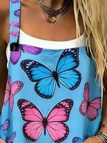 Colorful Butterfly All-Over Print Women's Adjustable Strap Jumpsuit, Polyester Fiber Fabric, Lightweight And Breathable, Women's Clothing, Standard Size Jumpsuit, Plus Size Women's Clothing, Plus Size Jumpsuit And Romper, Plus Size Jumpsuit - 彩色 - 查看 3