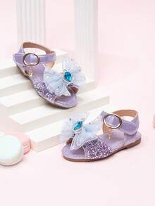 2026 Nuevas sandalias para niñas, zapatos de princesa para niños con lazo de strass, zapatos de playa para estudiantes de niña pequeña, verano - Morado - Ver 2