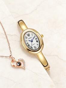 GUANQIN Bộ đồng hồ và dây chuyền sang trọng dành cho nữ thần, đồng hồ đeo tay mặt oval thanh lịch, dây chuyền pha lê hình trái tim, đồng hồ cơ thạch anh thời trang công sở sang trọng dành cho nữ, thích hợp cho Lễ Phục sinh, Halloween, Giáng sinh, Ngày của Mẹ, tựu trường, học sinh, sinh nhật, ngày lễ, Ngày Valentine, hẹn hò, công sở, đeo hàng ngày, quà tặng, lễ hội âm nhạc, mùa cưới. - Vàng và trắng - Xem 2
