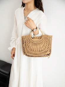 2件套新款时尚草编手提包，镂空沙滩包，大容量度假手提包 - 卡其色 - 查看 3
