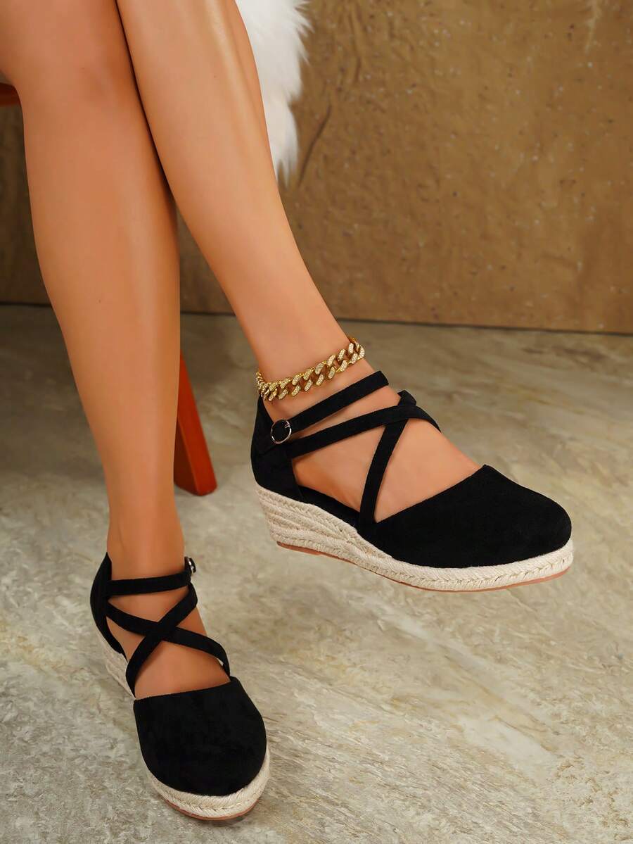 Women's Elegant One-Strap Buckle Wedge Platform Casual Shoes, Suitable For All Seasons