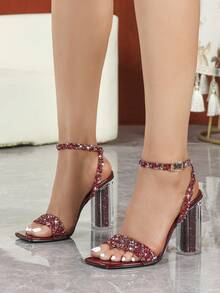 女士时尚高跟鞋：麂皮豹纹平底凉鞋、裸色绑带凉鞋、简约方头凉鞋、黑色漆皮高跟凉鞋、细跟高跟凉鞋、夏季户外常规凉鞋、杏色女士凉鞋 - 酒紅色 - 查看 3