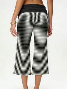 Women's Fold Over Waist Capri Fashionable Casual Solid Color Low Rise Wide Leg Crop Pants - 黑與白 - 查看 3