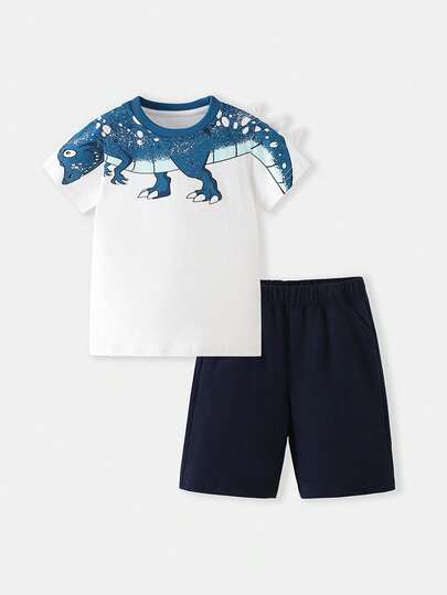 2件套儿童卡通恐龙印花短袖T恤和短裤套装，时尚休闲户外服，春夏款