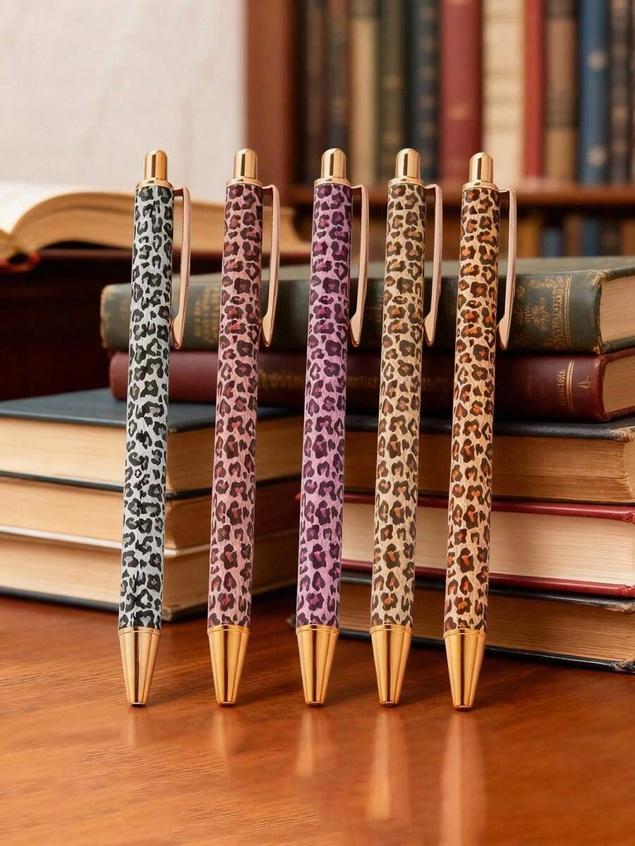 Cute Leopard Print Ballpoint Pen Set, Retractable Design, Minimalist Printed Pen, Suitable For Journaling And Gift-Giving, Great For Weddings, Valentine's Day