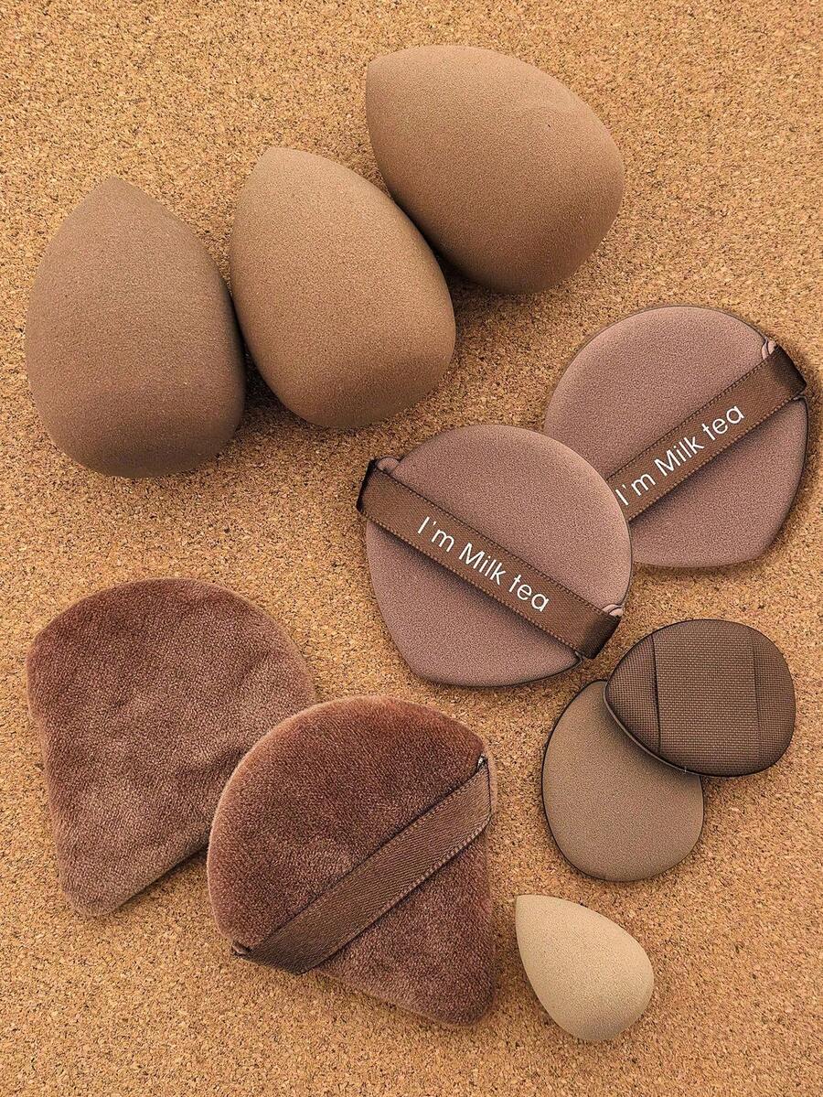 10pcs Makeup Sponge Set, Including: 4pcs Makeup Sponges + 2pcs Makeup Puff + 2pcs Triangle Makeup Puff + 2pcs Mini Makeup Puff - Coffee Brown - View 1
