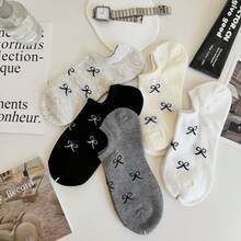 Bow Pattern No-Show Socks 5-Pack - Stretch Invisible Comfort Fit For Women, Multi-Season Wear (Black/Gray/Beige/White/Taupe) - 5pcs(mixed color) - 查看 2