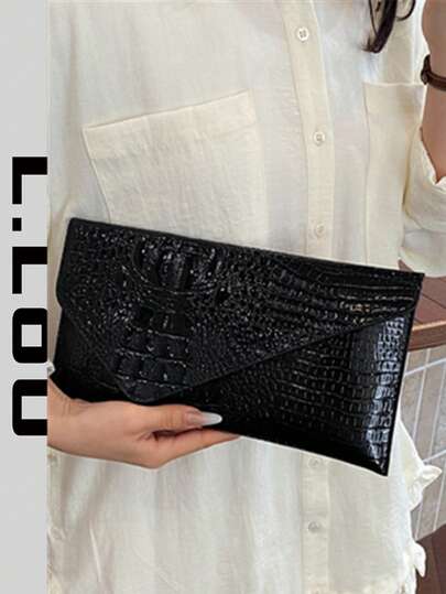 2026 New Glossy Solid Color Large Capacity Crocodile Grain Fashion Clutch Envelope Bag, Chic Spring Season High-End Quality Evening Bag For Women