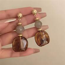 1 Đôi bông tai nữ thời trang dáng dài, kiểu dáng Hồng Kông cổ điển, mặt dây chuyền hình học đính hạt nhựa, thích hợp làm quà tặng hàng ngày, dự tiệc hoặc quà tặng ngày lễ. - hình học - Xem 4